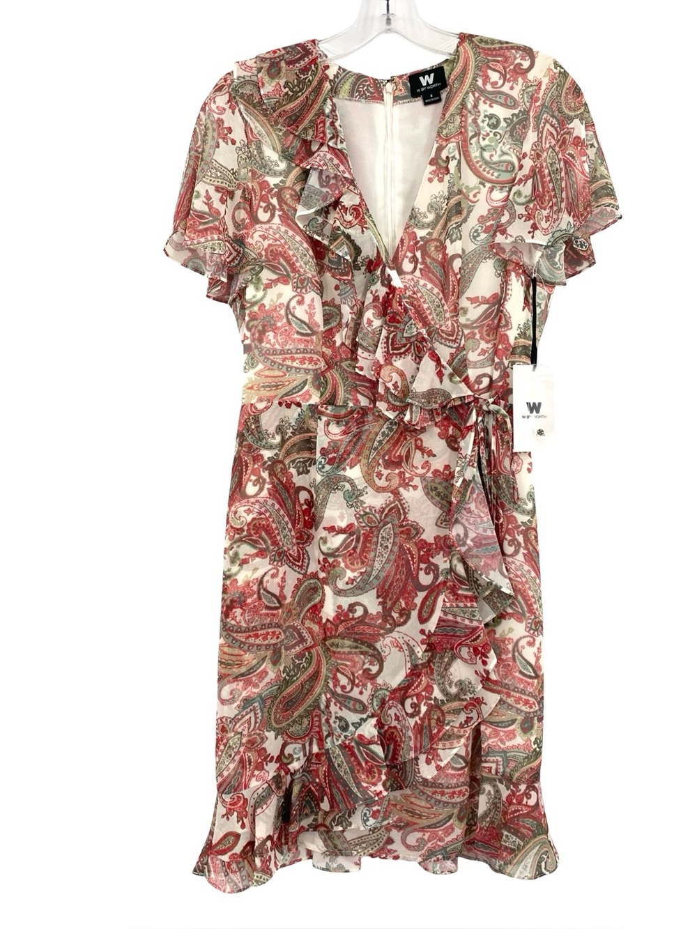 W by Worth Ivory Rose Paisley Print Ruffle Flounce Wrap Dress New Size 4